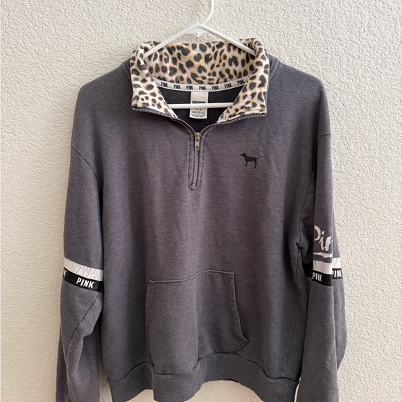 PINK Victoria's Secret Jackets & Blazers - PINK Victoria's Secret Gray Sweatshirt with Leopard Print